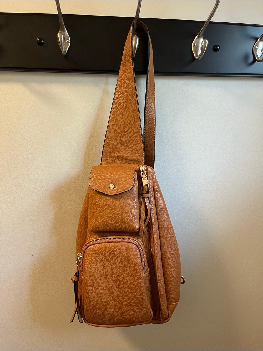 Poppy & Peonies Tan Pebbled Vegan Leather Crossbody Sling Bag